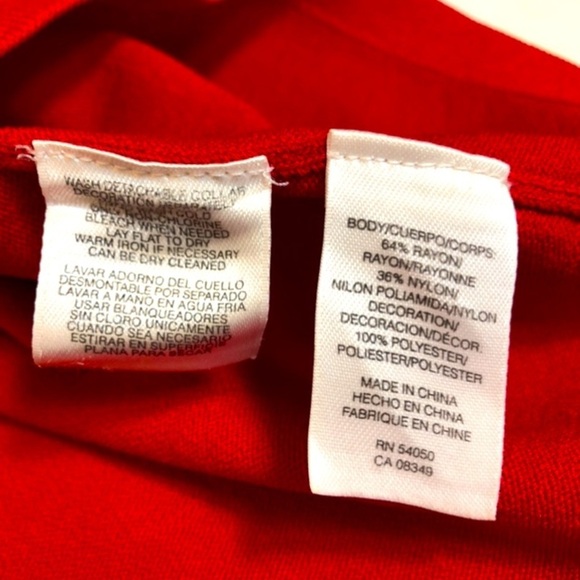 JNY Red Knit Blouse 3/4 Length Sleeves Chiffon Polka Dot Ruffle Collar… - Picture 8 of 16